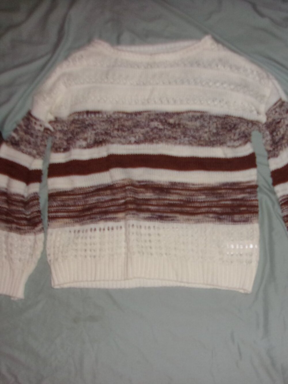 size small womens sweater open knit tan white  striped